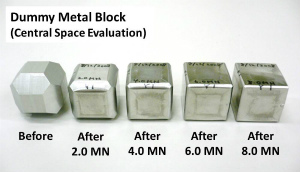 Dummy metal blocks for evaluation of deformation of the central cubic space formed with top surface of first-stage anvils in a cubic anvil apparatus and a Kawai-type apparatus